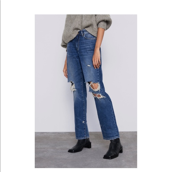 NEW!! Zara High Waisted Ripped Straight Leg Jeans - Picture 2 of 16